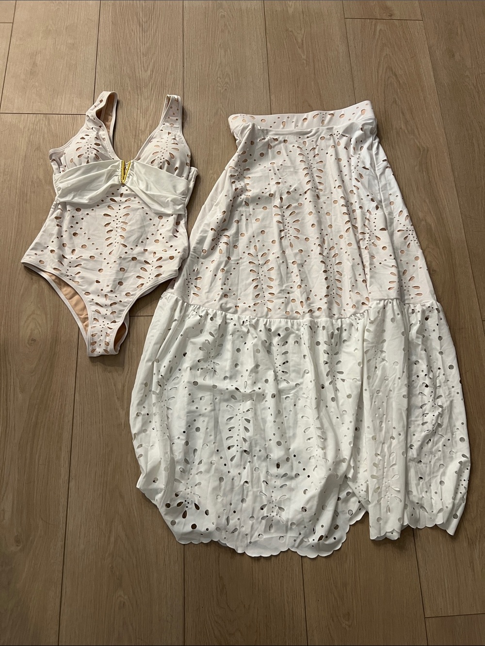 White Eyelet Swimsuit with Matching Midi Skirt - Women's Summer Style